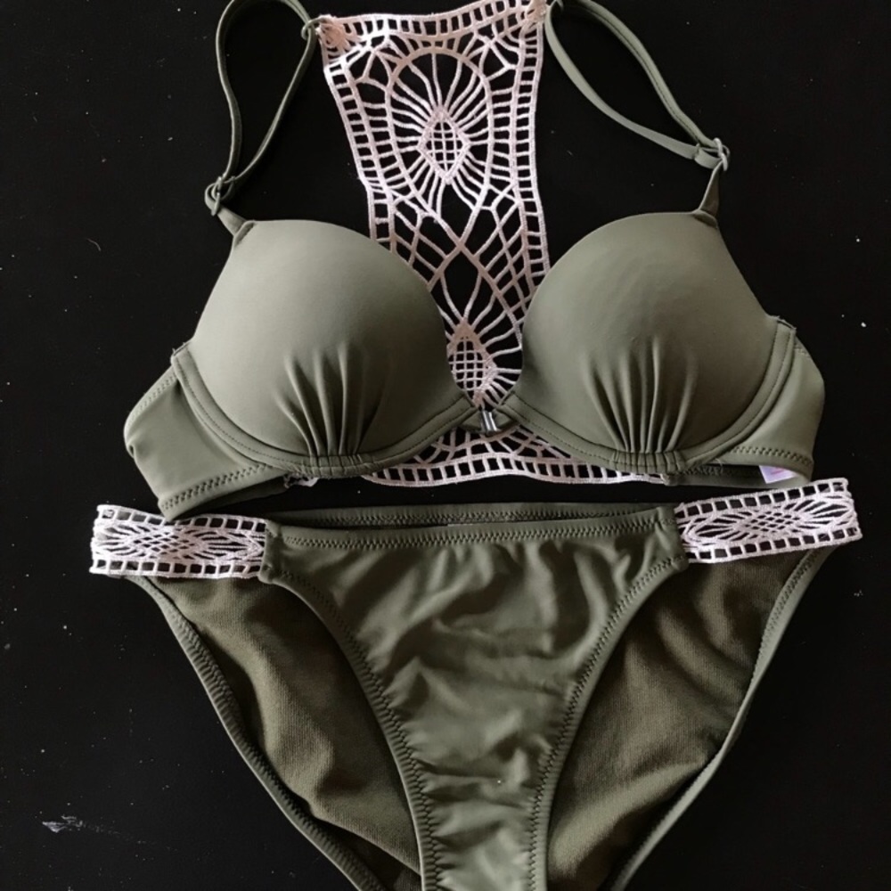 Olive green crochet push up bikini